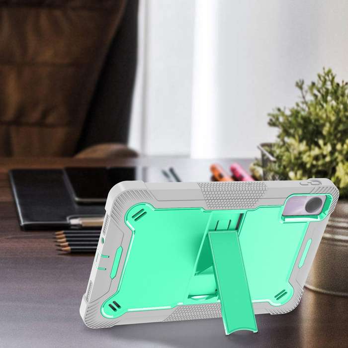 For Xiaomi Redmi Pad SE Shockproof Silicone Hybrid PC Tablet Case with Holder(Mint Green + Grey