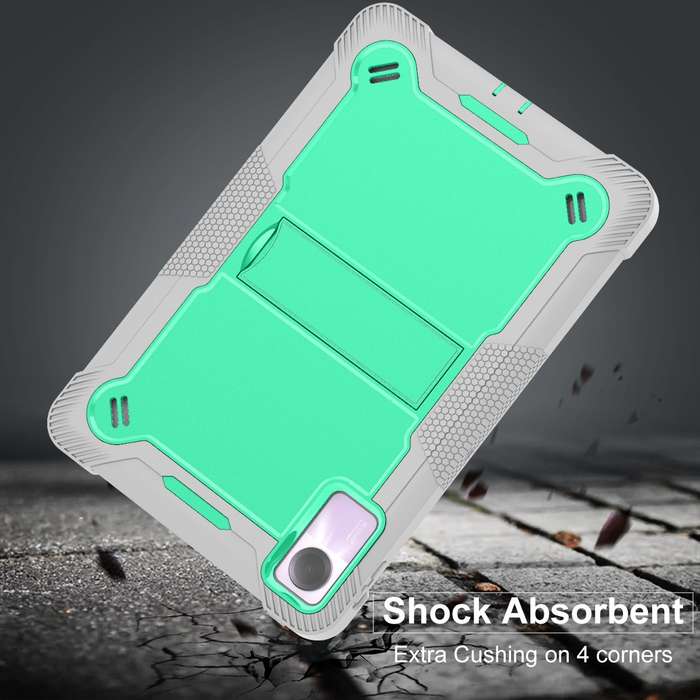 For Xiaomi Redmi Pad SE Shockproof Silicone Hybrid PC Tablet Case with Holder(Mint Green + Grey