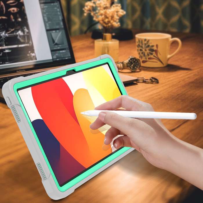 For Xiaomi Redmi Pad SE Shockproof Silicone Hybrid PC Tablet Case with Holder(Mint Green + Grey