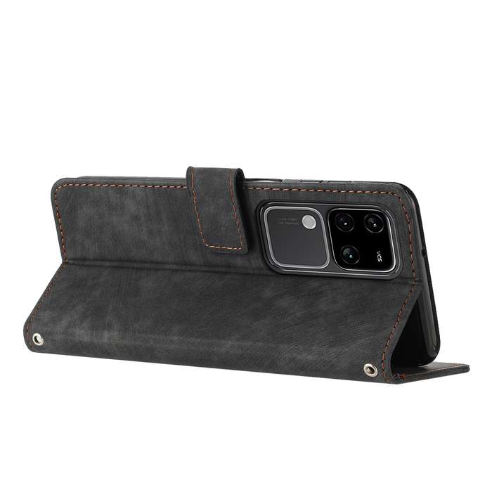 For vivo S18 / S18 Pro Skin Feel Stripe Pattern Leather Phone Case with Lanyard(Black)