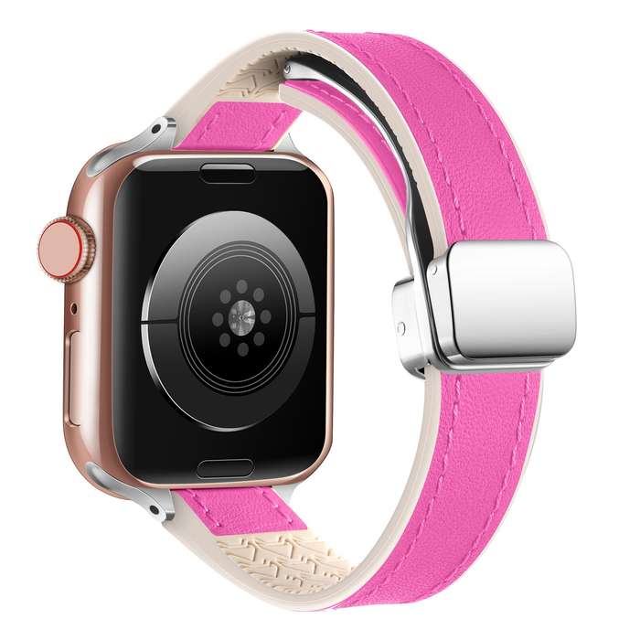 For Apple Watch 42mm Magnetic Folding Leather Silicone Watch Band(Rose Red)