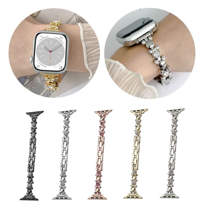 For Apple Watch SE 2023 44mm Metal Diamond Bear Chain Watch Band(Starlight)