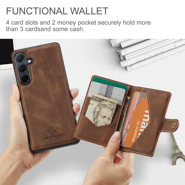 For Samsung Galaxy A35 5G JEEHOOD J01 Retro Magnetic Detachable Wallet Phone Case(Brown)