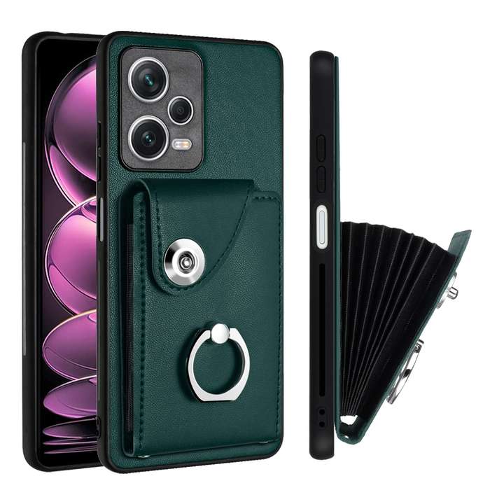 For Xiaomi Redmi Note 12 Pro 5G Global Organ Card Bag Ring Holder PU Phone Case(Green)