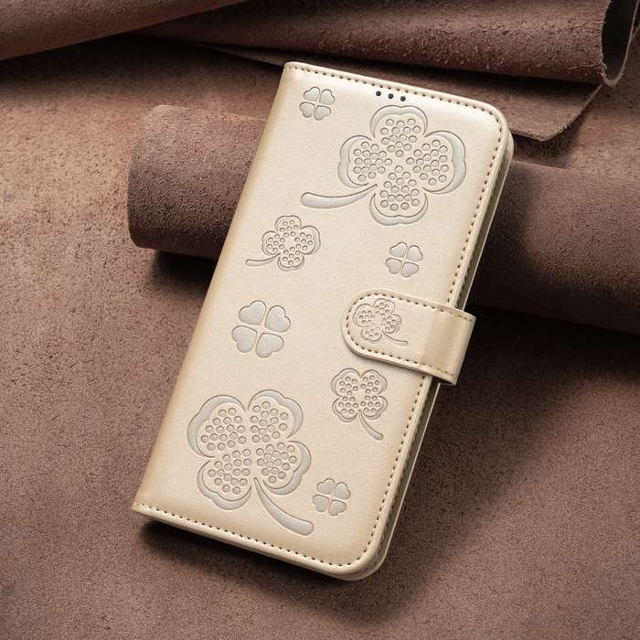 For iPhone 16 Plus Four-leaf Embossed Leather Phone Case(Gold)