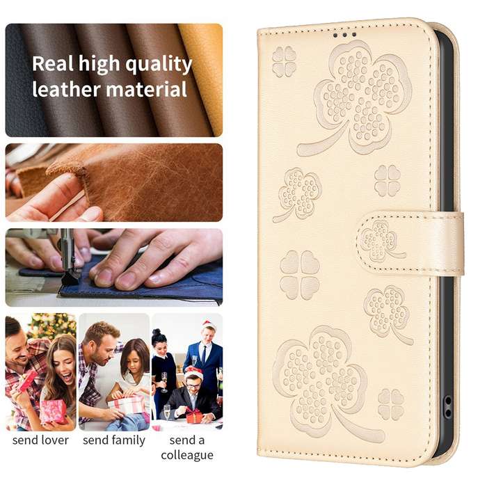 For iPhone 16 Plus Four-leaf Embossed Leather Phone Case(Gold)