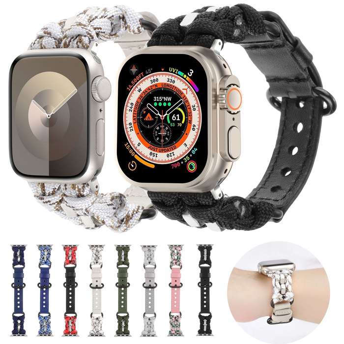For Apple Watch SE 2023 40mm Paracord Genuine Leather Watch Band(Army Green)