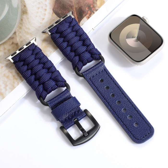 For Apple Watch SE 40mm Plain Paracord Genuine Leather Watch Band(Royal Blue)