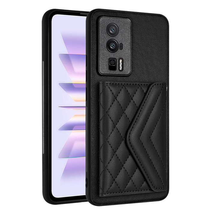 For Xiaomi Redmi K60 / K60 Pro Rhombic Texture Card Bag RFID Phone Case with Long Lanyard(Black
