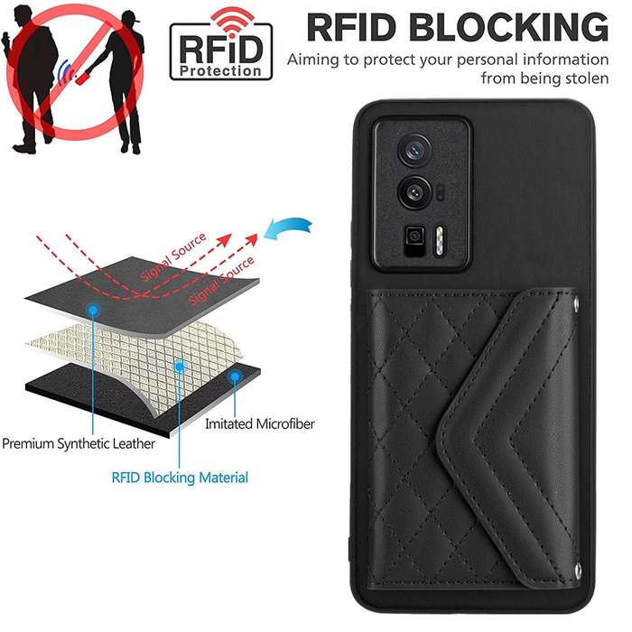For Xiaomi Redmi K60 / K60 Pro Rhombic Texture Card Bag RFID Phone Case with Long Lanyard(Black