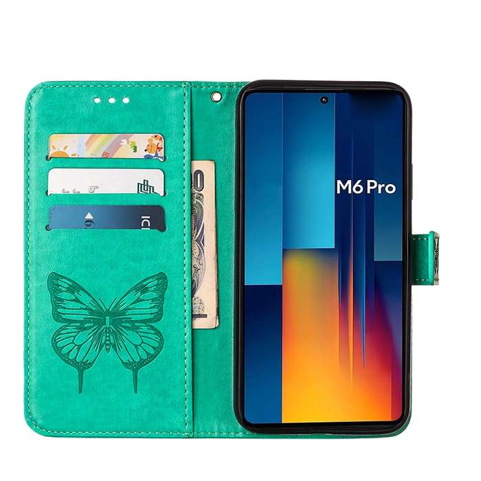 For Xiaomi Poco M6 Pro 4G Embossed Butterfly Leather Phone Case(Green)