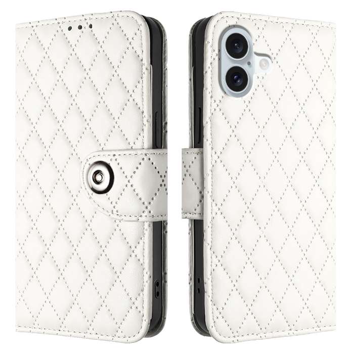 For iPhone 16 Plus Rhombic Texture Flip Leather Phone Case with Lanyard(White)
