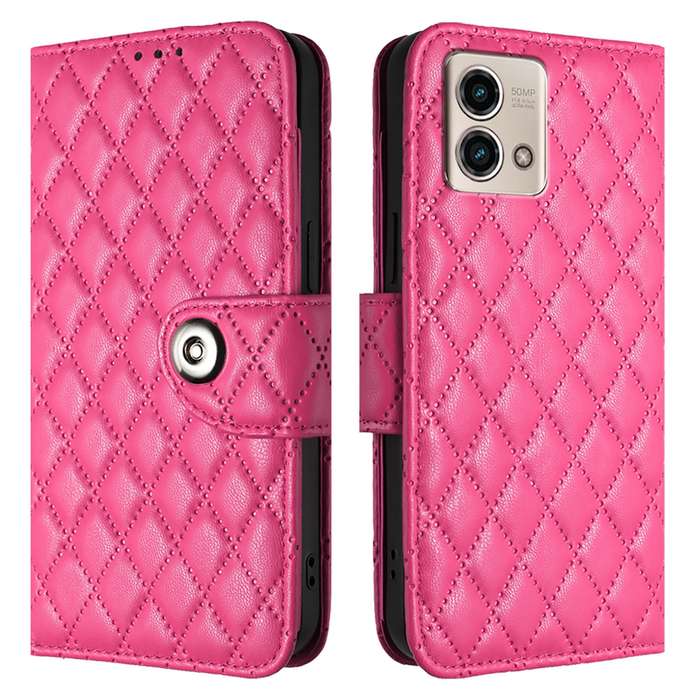 For Motorola Moto G Stylus 2023 4G Rhombic Texture Flip Leather Phone Case with Lanyard(Rose Re