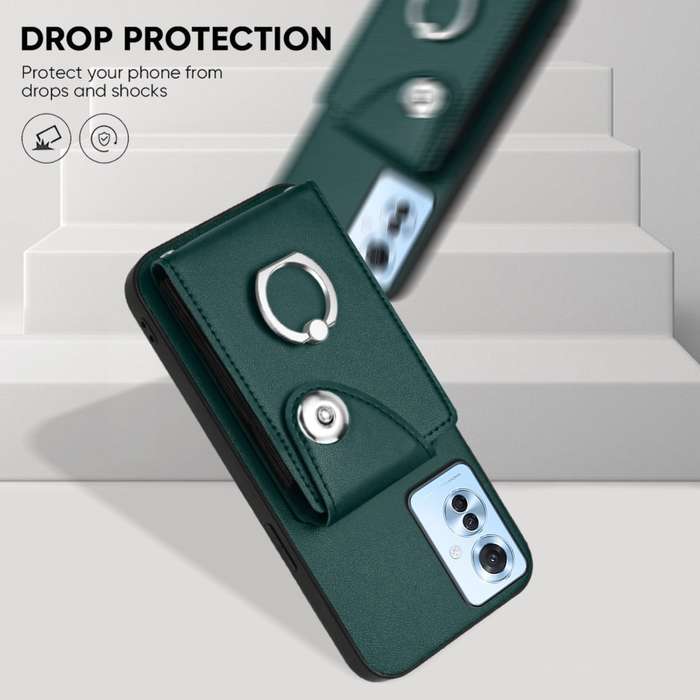 For OPPO F25 Pro 5G India Organ Card Bag Ring Holder Phone Case with Long Lanyard(Green)