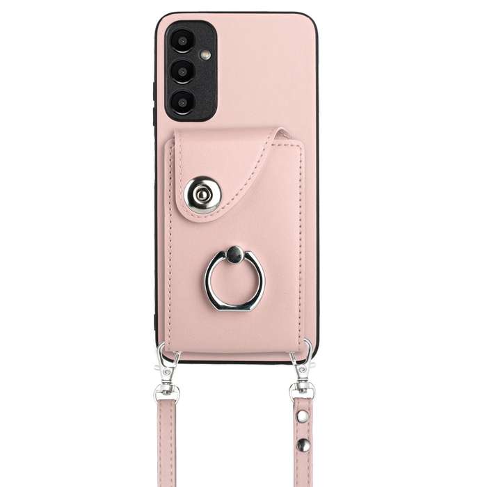 For Samsung Galaxy A25 5G Organ Card Bag Ring Holder Phone Case with Long Lanyard(Pink)