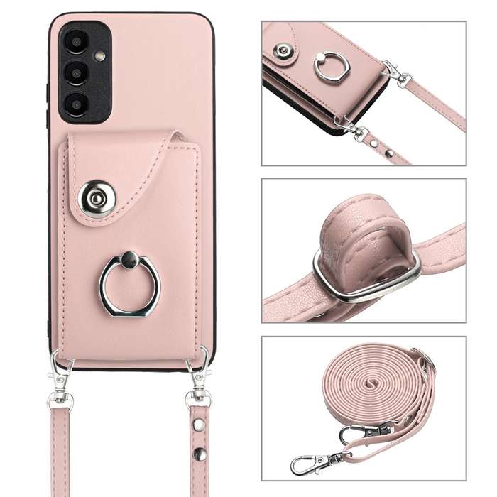 For Samsung Galaxy A25 5G Organ Card Bag Ring Holder Phone Case with Long Lanyard(Pink)