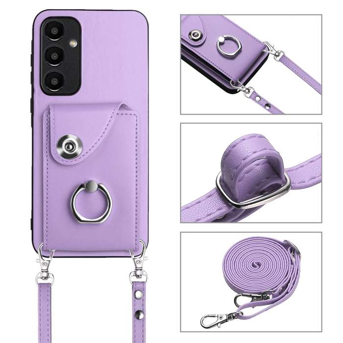 For Samsung Galaxy A35 Organ Card Bag Ring Holder Phone Case with Long Lanyard(Purple)