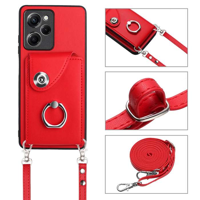 For Xiaomi Redmi Note 12 Pro Speed Organ Card Bag Ring Holder Phone Case with Long Lanyard(Red)