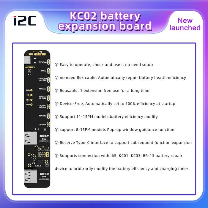 i2C KC02 Battery Data Repair Expansion Board Modifying Battery Efficiency for iPhone 11-15 Pro Max
