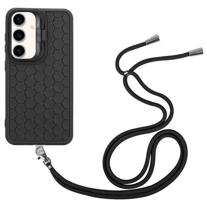 For Samsung Galaxy S24 5G Honeycomb Radiating Lens Holder Magsafe Phone Case with Lanyard(Black