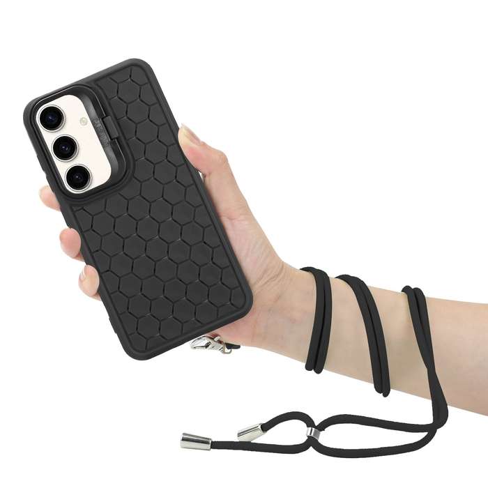 For Samsung Galaxy S24 5G Honeycomb Radiating Lens Holder Magsafe Phone Case with Lanyard(Black