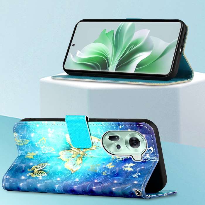 For OPPO Reno11 5G Global 3D Painting Horizontal Flip Leather Phone Case(Golden Butterfly)
