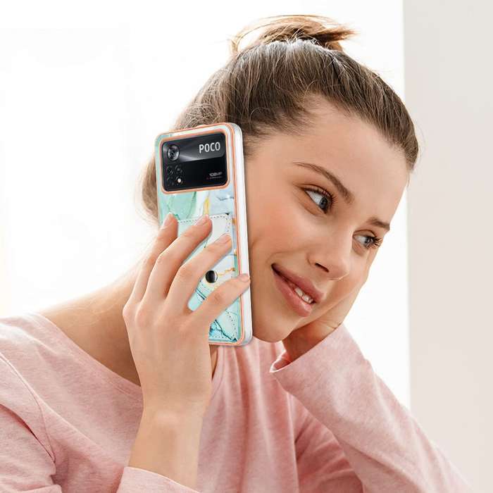 For Xiaomi Poco X4 Pro 5G Marble Pattern IMD Card Slot Phone Case(Green)