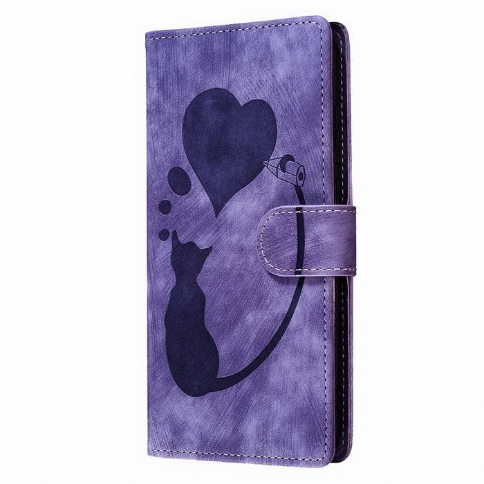 For Samsung Galaxy A14 5G Pen Heart Cat Embossed Leather Phone Case(Purple)