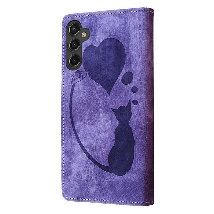For Samsung Galaxy A14 5G Pen Heart Cat Embossed Leather Phone Case(Purple)