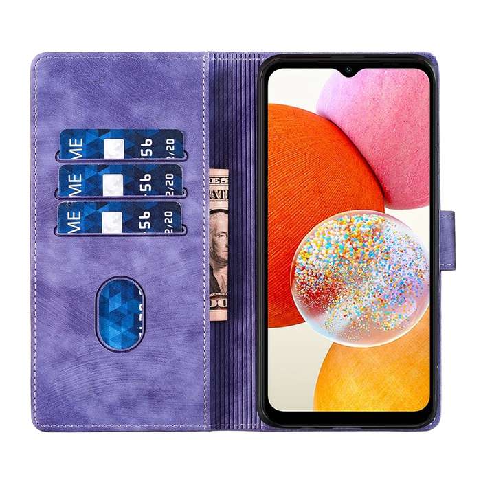 For Samsung Galaxy A14 5G Pen Heart Cat Embossed Leather Phone Case(Purple)