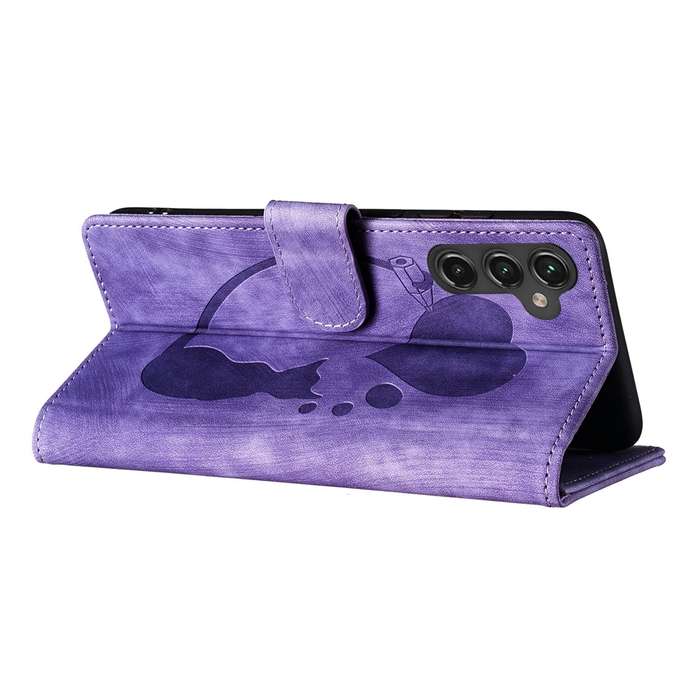 For Samsung Galaxy A14 5G Pen Heart Cat Embossed Leather Phone Case(Purple)