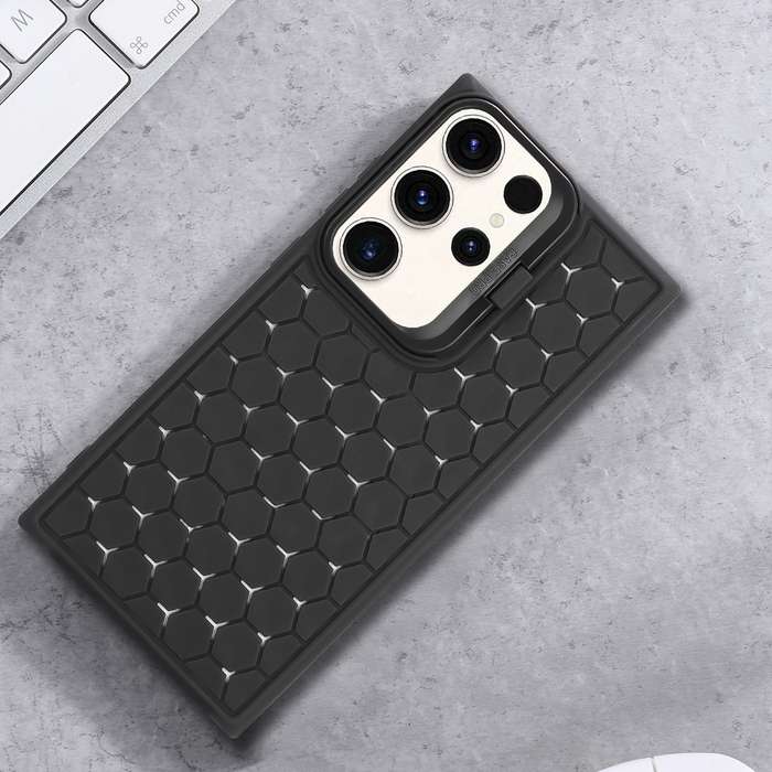 For Samsung Galaxy S23 Ultra 5G Honeycomb Radiating Lens Holder TPU Phone Case(Black)