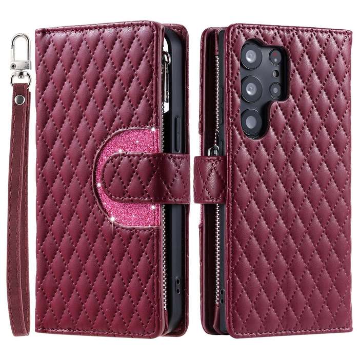 For Samsung Galaxy S23 Ultra 5G Glitter Lattice Zipper Wallet Leather Phone Case(Wine Red)