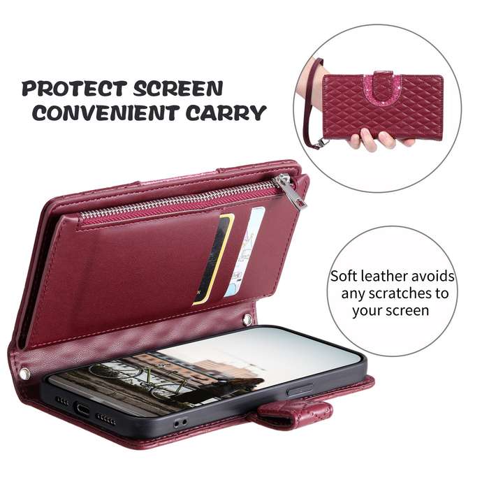 For Samsung Galaxy S23 Ultra 5G Glitter Lattice Zipper Wallet Leather Phone Case(Wine Red)