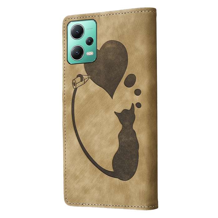 For Xiaomi Redmi Note 12 5G Global Pen Heart Cat Embossed Leather Phone Case(Apricot)