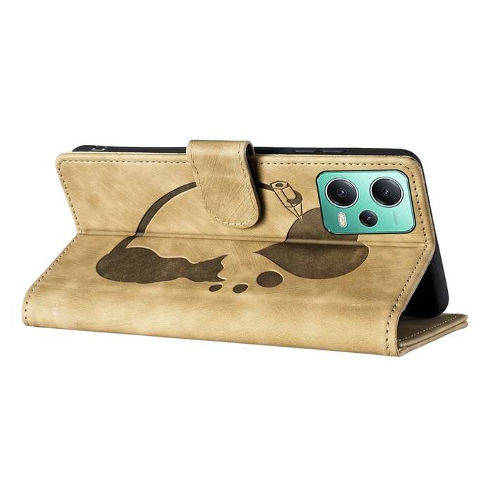 For Xiaomi Redmi Note 12 5G Global Pen Heart Cat Embossed Leather Phone Case(Apricot)
