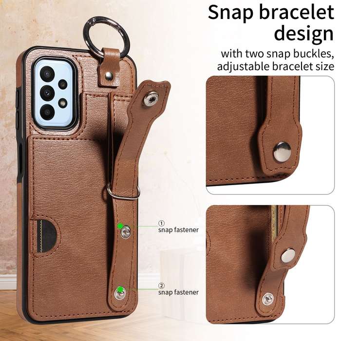 For Samsung Galaxy A23 Calf Texture Wrist Card Slot Ring Phone Case(Brown)
