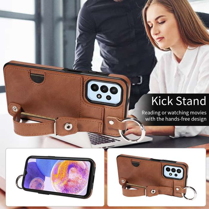 For Samsung Galaxy A23 Calf Texture Wrist Card Slot Ring Phone Case(Brown)