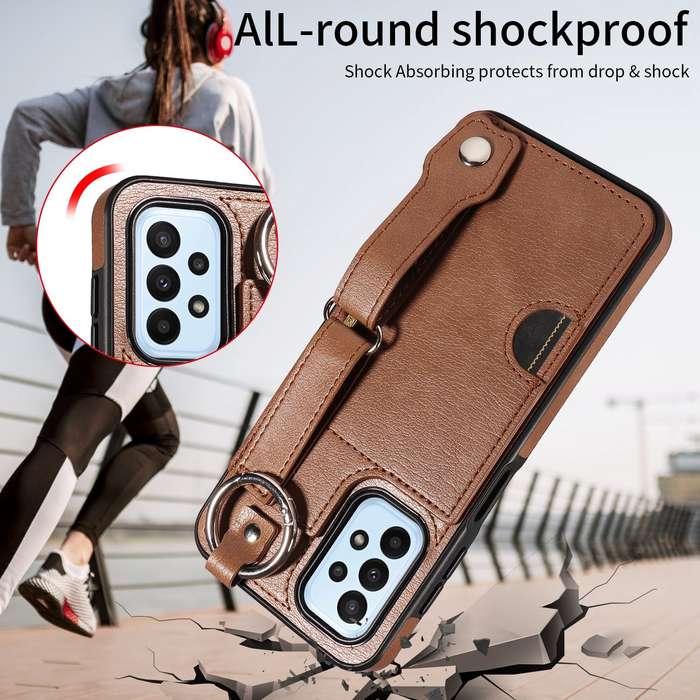 For Samsung Galaxy A23 Calf Texture Wrist Card Slot Ring Phone Case(Brown)