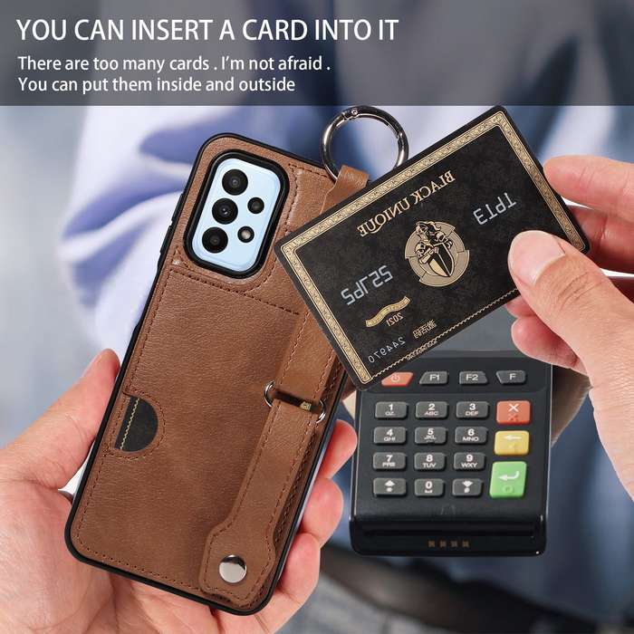 For Samsung Galaxy A23 Calf Texture Wrist Card Slot Ring Phone Case(Brown)