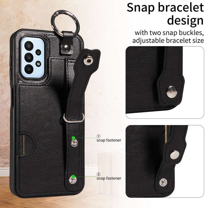 For Samsung Galaxy A23 Calf Texture Wrist Card Slot Ring Phone Case(Black)