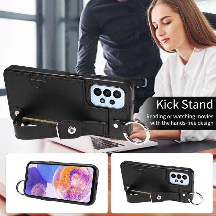 For Samsung Galaxy A23 Calf Texture Wrist Card Slot Ring Phone Case(Black)