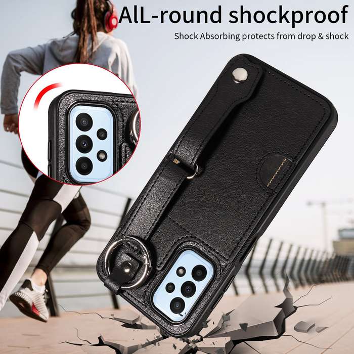 For Samsung Galaxy A23 Calf Texture Wrist Card Slot Ring Phone Case(Black)