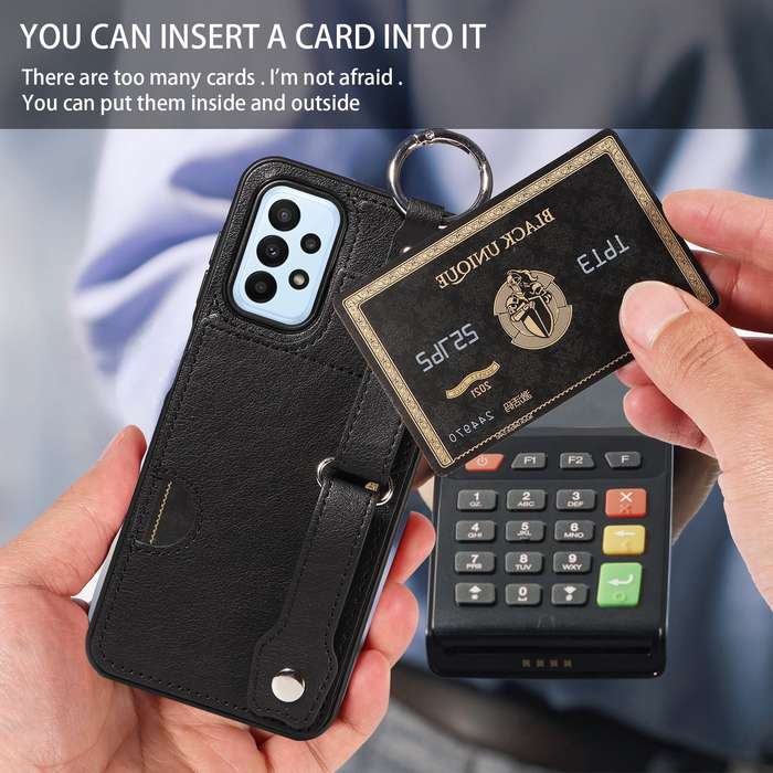For Samsung Galaxy A23 Calf Texture Wrist Card Slot Ring Phone Case(Black)