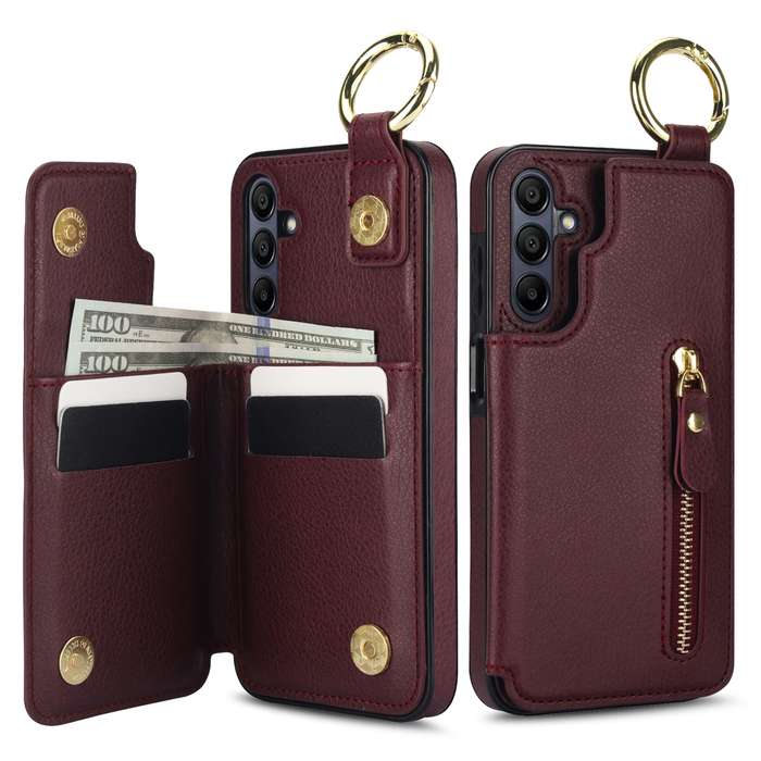 For Samsung Galaxy A15 Litchi Texture Zipper Double Buckle Card Bag Phone Case(Maroon Red)