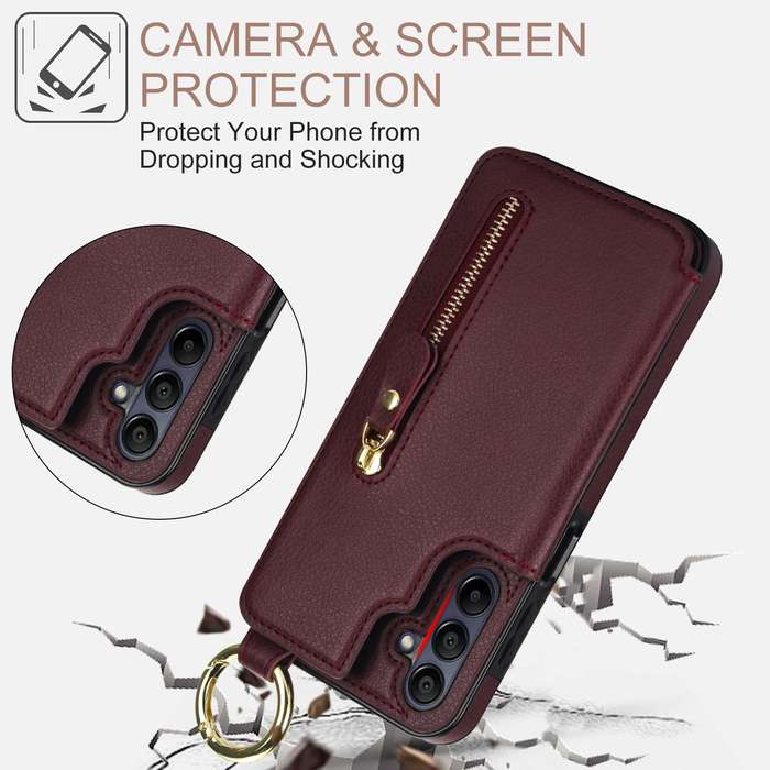 For Samsung Galaxy A15 Litchi Texture Zipper Double Buckle Card Bag Phone Case(Maroon Red)