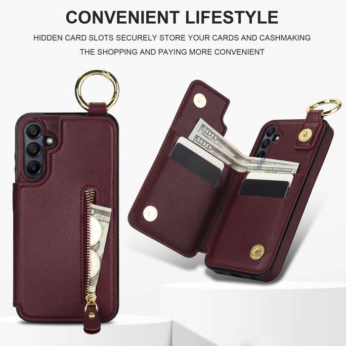 For Samsung Galaxy A15 Litchi Texture Zipper Double Buckle Card Bag Phone Case(Maroon Red)