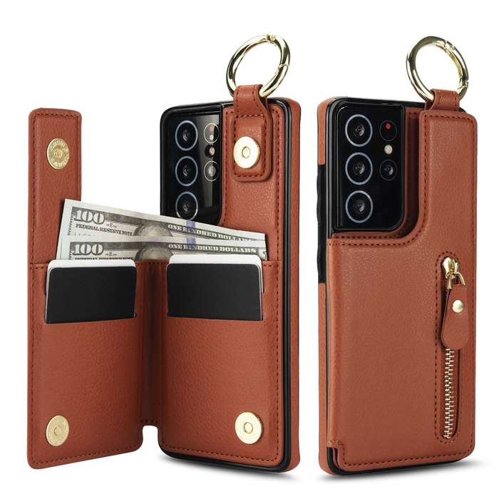 For Samsung Galaxy S21 Ultra 5G Litchi Texture Zipper Double Buckle Card Bag Phone Case(Brown)