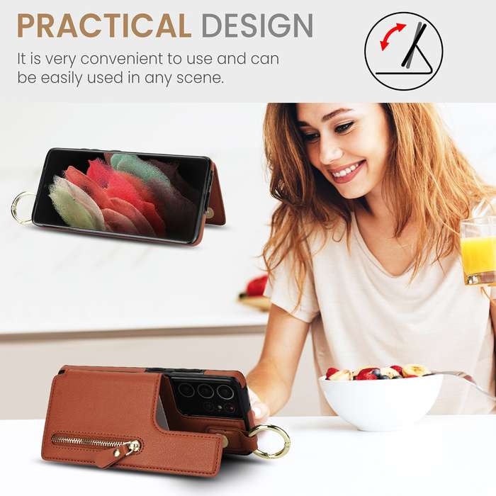 For Samsung Galaxy S21 Ultra 5G Litchi Texture Zipper Double Buckle Card Bag Phone Case(Brown)