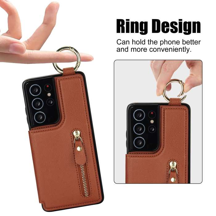 For Samsung Galaxy S21 Ultra 5G Litchi Texture Zipper Double Buckle Card Bag Phone Case(Brown)